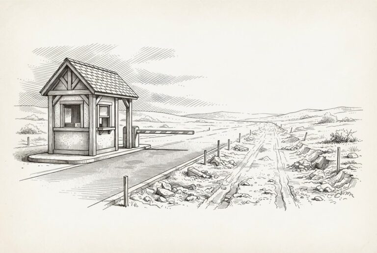 A pen-and-ink engraving of a completed toll booth with lowered barrier standing on a paved road that transitions to unfinished dirt terrain, symbolizing enforcement infrastructure arriving before agent deployment traffic.