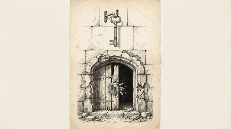 A pristine skeleton key hangs unused from a hook while a crumbling doorway with its lock exposed sits broken below - the gap between knowing what to do and actually doing it