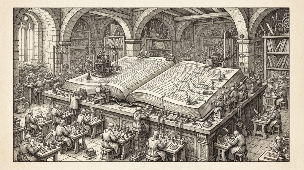 A financial ledger being written by small autonomous figures at desks designed for their scale - the revenue automation layer built for agents