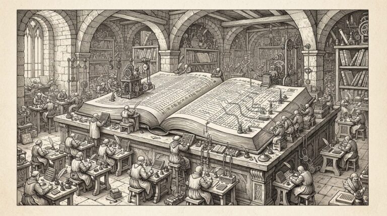 A financial ledger being written by small autonomous figures at desks designed for their scale - the revenue automation layer built for agents