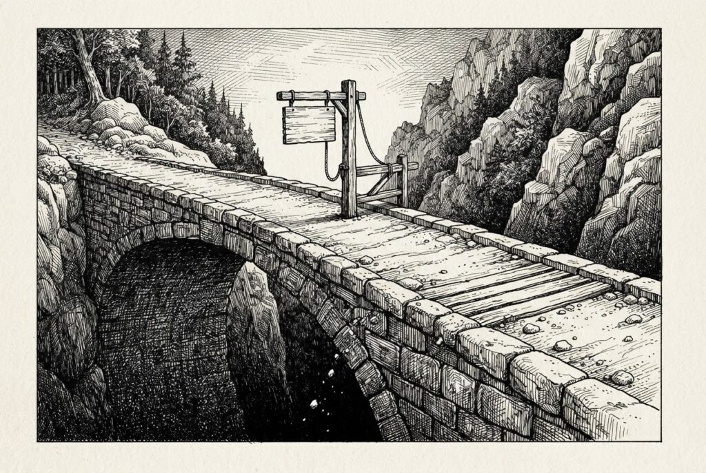 A narrow stone toll bridge over a deep shadowed gorge, its flat near deck nearly empty with a few pebbles skittering off the edge, while an unmanned toll gate mid-span hangs a completely blank price placard: the price of the crossing unwritten.