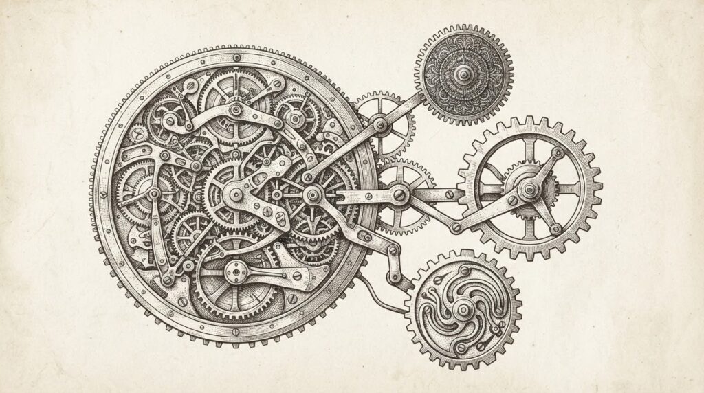 Pen-and-ink engraving of a complex mechanical gear assembly splitting into three distinct specialized gears, representing the unbundling of the agent decision layer from general-purpose LLM routing.