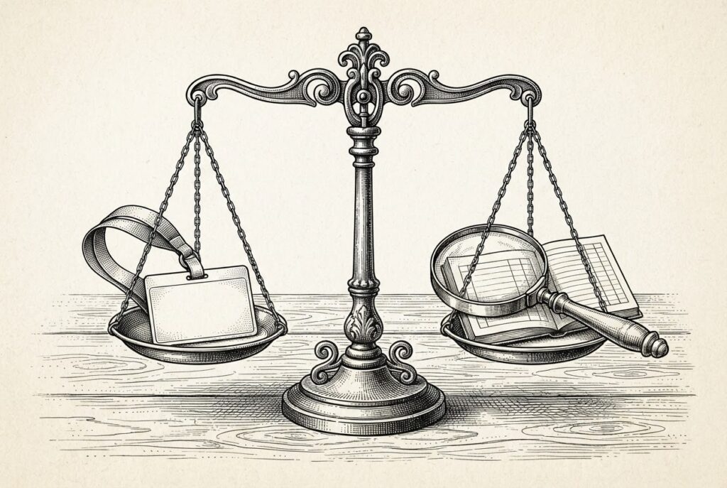 Hand-drawn engraving of an ornate balance scale on a wooden table, a blank identity badge on a lanyard weighing down the left pan while a magnifying glass over an open ruled ledger weighs down the right.