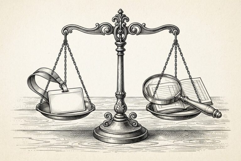 Hand-drawn engraving of an ornate balance scale on a wooden table, a blank identity badge on a lanyard weighing down the left pan while a magnifying glass over an open ruled ledger weighs down the right.