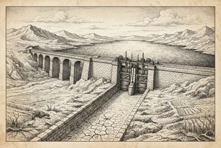 Conceptual pen-and-ink engraving on warm paper: a monumental stone aqueduct and sluice-gate system built across an arid valley, its gates firmly closed with a reservoir pooled behind them, while the finished downstream canal in the foreground runs cracked and dry - the control was built but never opened.