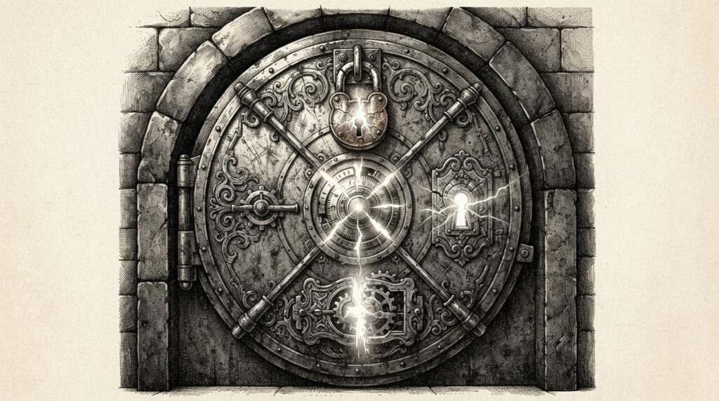 Antique vault door with four ornate locking mechanisms - padlock, combination dial, keyhole, deadbolt - each visibly cracked with light leaking through, representing multiple identity-layer failures converging on one trust surface