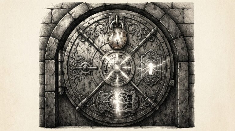 Antique vault door with four ornate locking mechanisms - padlock, combination dial, keyhole, deadbolt - each visibly cracked with light leaking through, representing multiple identity-layer failures converging on one trust surface