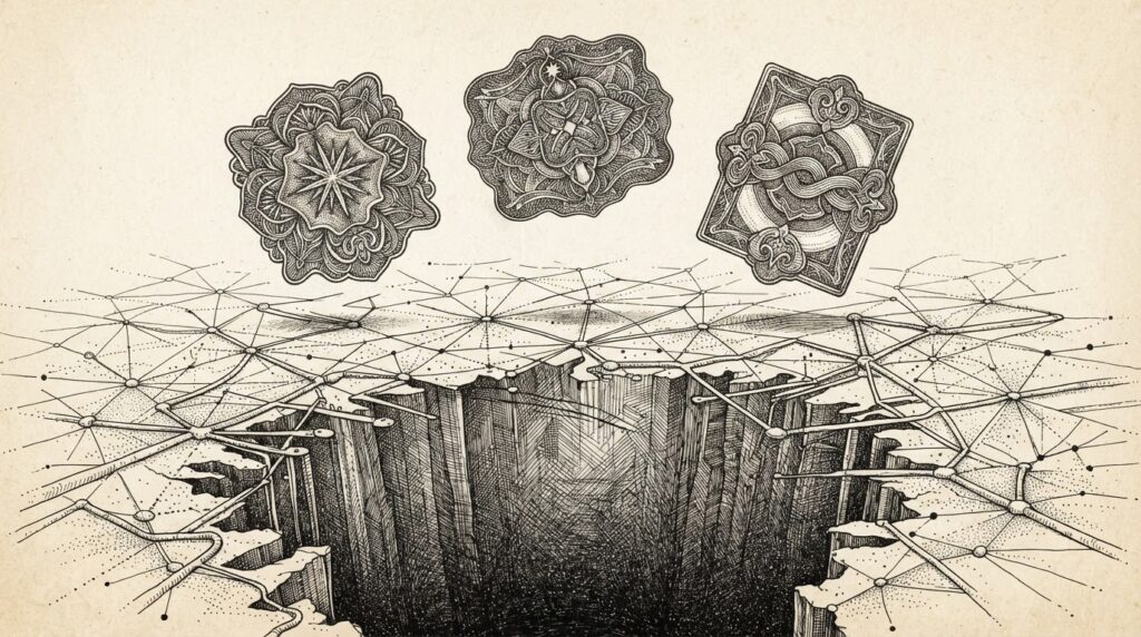 Monochrome engraving of three ornate identity seals floating above a web of connected nodes, with a dark void beneath representing the missing measurement layer