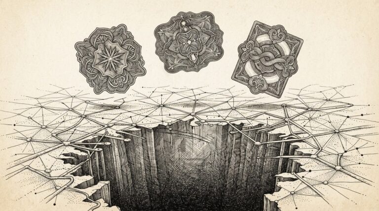 Monochrome engraving of three ornate identity seals floating above a web of connected nodes, with a dark void beneath representing the missing measurement layer