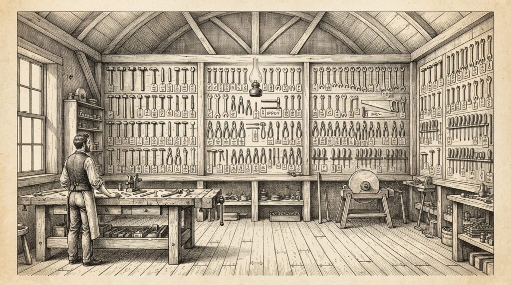 A vintage workshop interior with rows of identical hand tools hung on pegboard walls, each labeled with small tags — an allegory for the commoditization of agent infrastructure into interchangeable vendor SKUs.