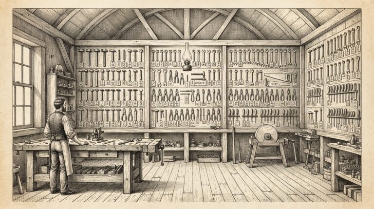 A vintage workshop interior with rows of identical hand tools hung on pegboard walls, each labeled with small tags — an allegory for the commoditization of agent infrastructure into interchangeable vendor SKUs.