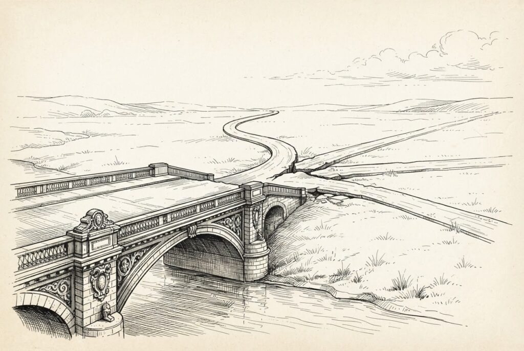 Monochrome pen-and-ink engraving of an ornate stone bridge that is solid and complete on the near bank but fractures into four diverging paths on the far bank, none clearly the main road. The near side is richly detailed; the far side is sparse and uncertain.