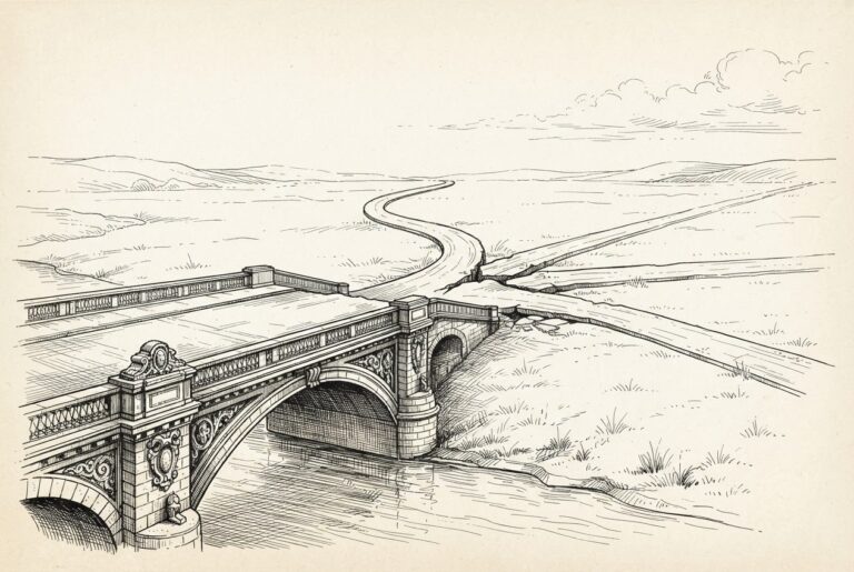 Monochrome pen-and-ink engraving of an ornate stone bridge that is solid and complete on the near bank but fractures into four diverging paths on the far bank, none clearly the main road. The near side is richly detailed; the far side is sparse and uncertain.