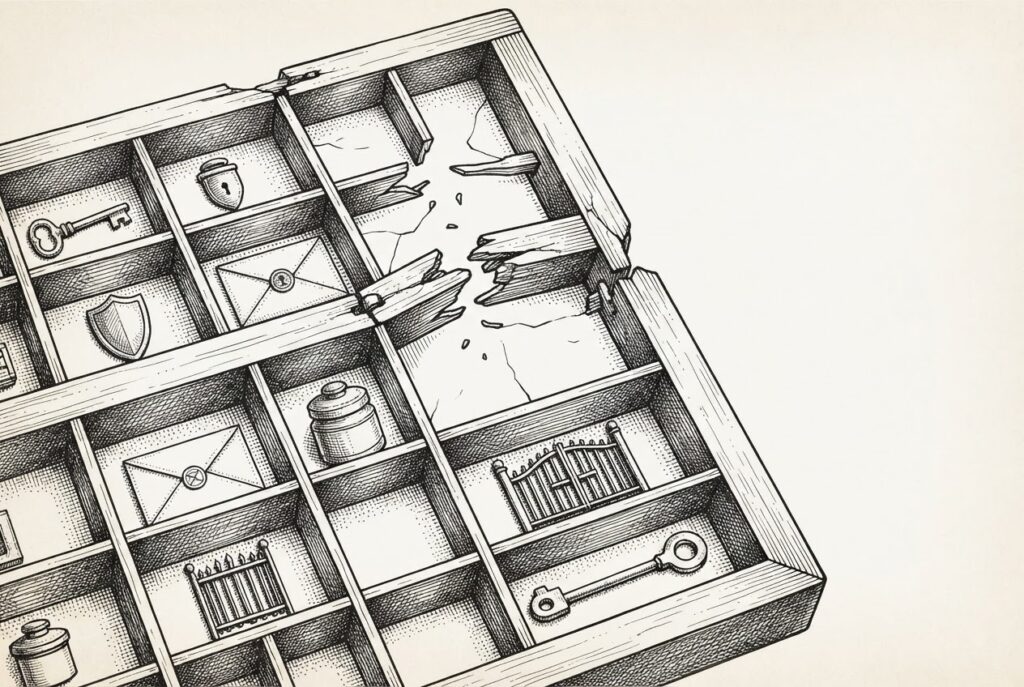A pen-and-ink engraving of an antique printer's type case with broken joints and missing crossbars in its wooden frame — individual compartments hold small detailed objects but the organizing grid structure itself is fractured, symbolizing infrastructure layers that work individually but fail to cohere.