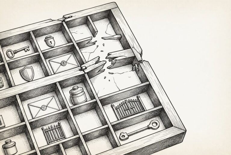 A pen-and-ink engraving of an antique printer's type case with broken joints and missing crossbars in its wooden frame — individual compartments hold small detailed objects but the organizing grid structure itself is fractured, symbolizing infrastructure layers that work individually but fail to cohere.