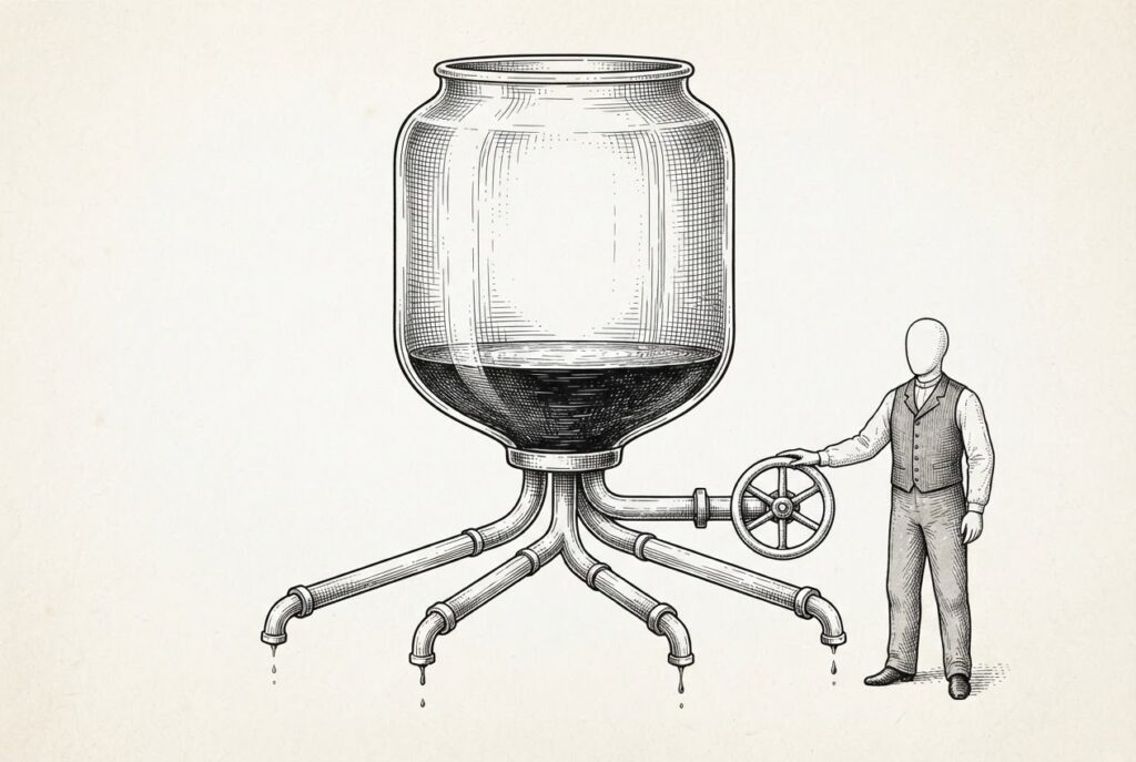 Monochrome pen-and-ink engraving of a mechanical apparatus with a nearly-empty transparent reservoir at the top, showing only a thin sliver of liquid remaining, with multiple channels radiating outward to service outlets controlled by a single valve operated by a faceless figure — the budget cap governing all agent spending.