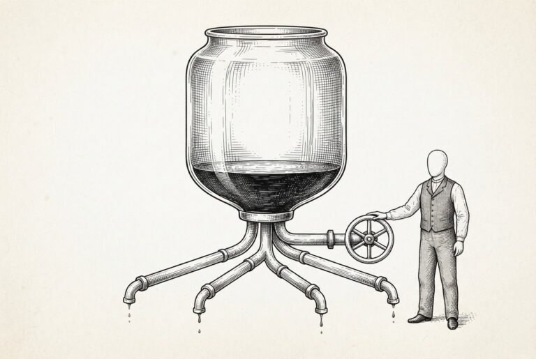 Monochrome pen-and-ink engraving of a mechanical apparatus with a nearly-empty transparent reservoir at the top, showing only a thin sliver of liquid remaining, with multiple channels radiating outward to service outlets controlled by a single valve operated by a faceless figure — the budget cap governing all agent spending.