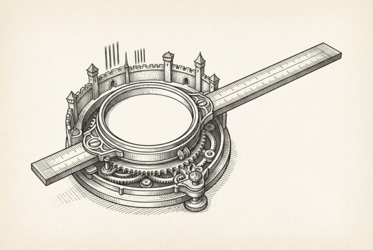 A hand-drawn editorial engraving of a single ornate antique surveyor's compass with a blank, empty dial face where the measurement reading should appear, with small defensive ramparts and watchtowers growing upward from the base like tally marks, symbolizing a funded category whose measurement infrastructure remains unfinished.