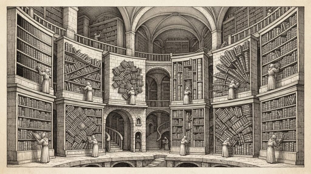 A vast library interior where fourteen different cataloging systems each organize the same books in incompatible arrangements - small faceless figures unable to transfer knowledge between systems.
