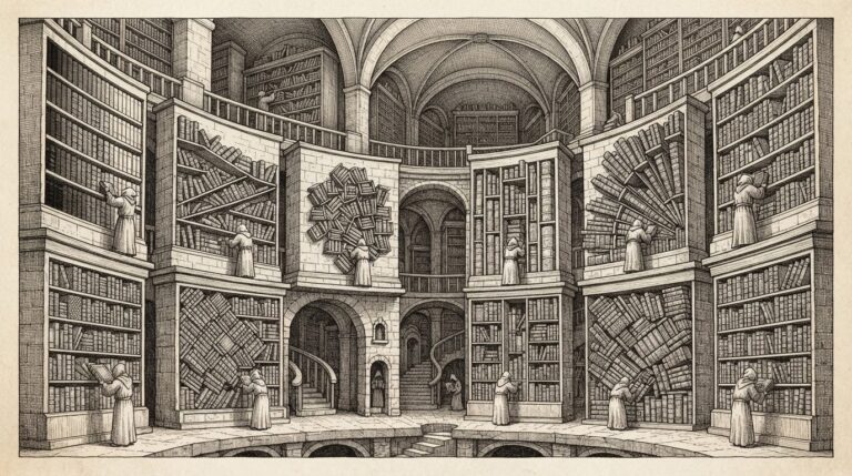 A vast library interior where fourteen different cataloging systems each organize the same books in incompatible arrangements - small faceless figures unable to transfer knowledge between systems.