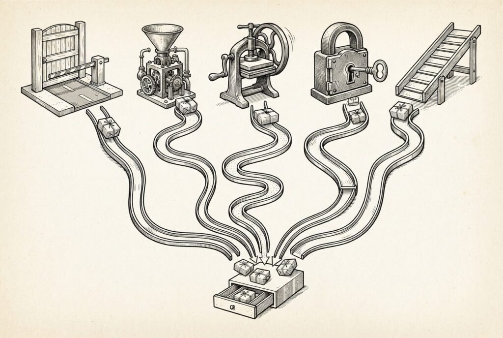 Monochrome pen-and-ink engraving of five different unmanned machines - a wooden gate, a funnel engine, a hand press, a lock apparatus, and a conveyor chute - each sending a small parcel down its own distinct path, with all five paths converging into one small open cash drawer.