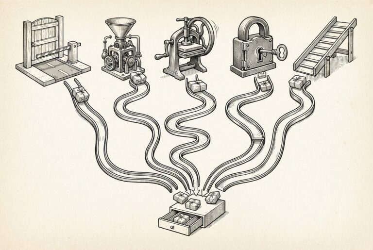 Monochrome pen-and-ink engraving of five different unmanned machines - a wooden gate, a funnel engine, a hand press, a lock apparatus, and a conveyor chute - each sending a small parcel down its own distinct path, with all five paths converging into one small open cash drawer.