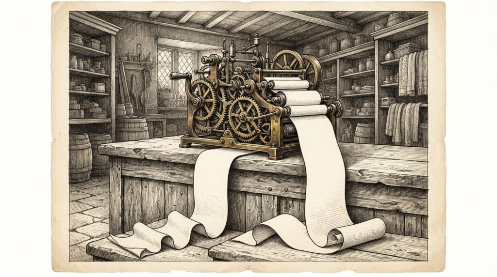 A bare wooden merchant's counter with an abstract mechanical device producing a long blank scroll of paper that drifts to the floor unclaimed — no human hand reaches for the unclaimed automated transaction