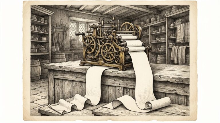 A bare wooden merchant's counter with an abstract mechanical device producing a long blank scroll of paper that drifts to the floor unclaimed — no human hand reaches for the unclaimed automated transaction