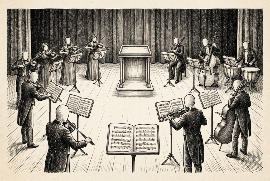 A formal concert stage with an empty conductor's podium at center, surrounded by faceless musicians each reading from their own individual sheet music on separate stands - allegory for competing standards without coordination.
