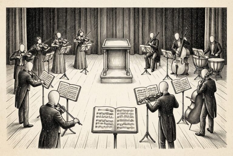 A formal concert stage with an empty conductor's podium at center, surrounded by faceless musicians each reading from their own individual sheet music on separate stands - allegory for competing standards without coordination.