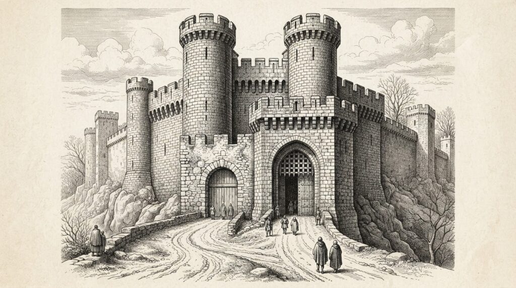 A medieval city gateway viewed from the front, where an original stone arch has been overtaken by a much larger, more heavily fortified gate built in front of it - the newer gate dwarfs the original with thicker walls, higher towers, and deeper battlements, while small faceless figures approach on a road below.