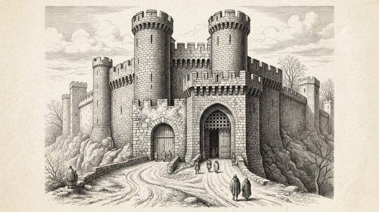 A medieval city gateway viewed from the front, where an original stone arch has been overtaken by a much larger, more heavily fortified gate built in front of it - the newer gate dwarfs the original with thicker walls, higher towers, and deeper battlements, while small faceless figures approach on a road below.