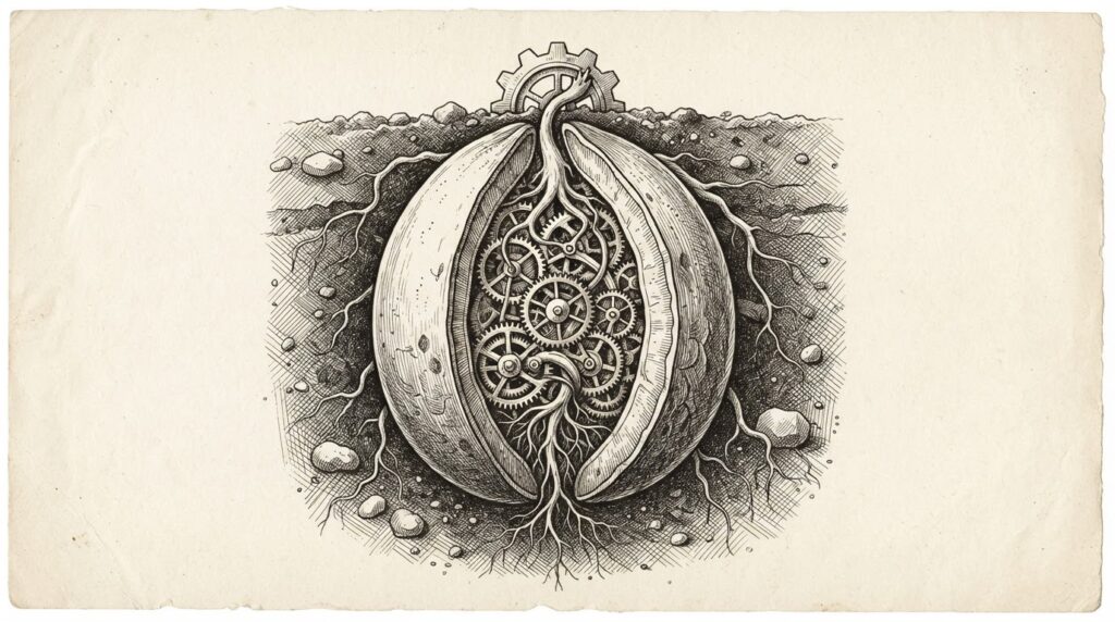 A single massive seed splitting open in dark soil, with the interior revealed as an intricate cross-section of organic root networks that resemble ancient mechanical clockwork gears - the roots winding and interlocking like brass cogwheels beneath the surface