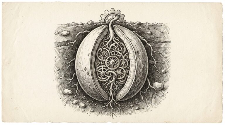 A single massive seed splitting open in dark soil, with the interior revealed as an intricate cross-section of organic root networks that resemble ancient mechanical clockwork gears - the roots winding and interlocking like brass cogwheels beneath the surface