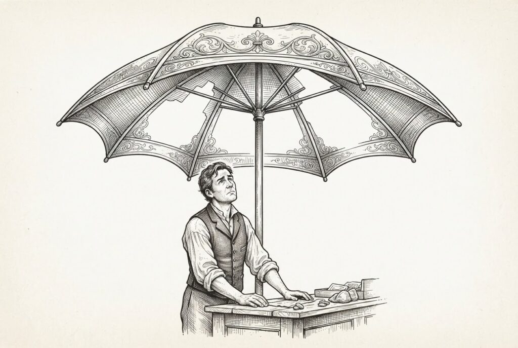 A merchant figure at a marketplace counter looks upward at an ornate protective canopy that extends over them, with visible gaps and missing sections where the fabric should be — the advisory and liability layer forming but incomplete