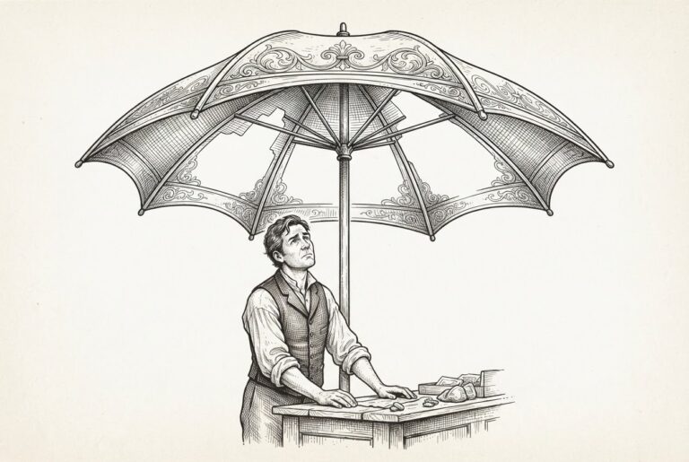 A merchant figure at a marketplace counter looks upward at an ornate protective canopy that extends over them, with visible gaps and missing sections where the fabric should be — the advisory and liability layer forming but incomplete