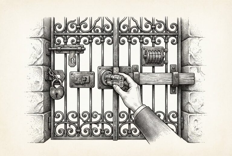 Monochrome pen-and-ink engraving of a large ornate wrought-iron gate with five distinct existing locks (a padlock, a latch, a deadbolt, a code wheel, and a cross-bar). A hand is carefully fitting a sixth, more detailed cylindrical lock into the central mounting.