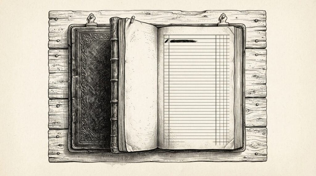 Editorial engraving: a ledger posted on a public notice board with a single entry stroke at the top and row after row of empty ruled lines below — one cheque recorded, the rest of the register empty.