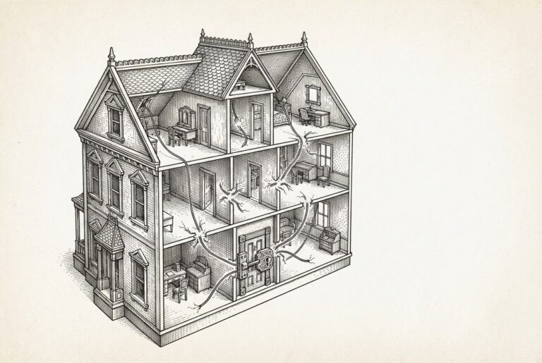 Pen-and-ink engraving of an ornate Victorian dollhouse with rooms exposed, connected by fraying threads that pierce the walls, a heavy lock on one door contrasting with the insubstantial walls - metaphor for smart home agents shipping into an uncontained security model