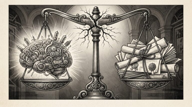 A balance scale where one pan holds a glowing mechanical brain of interconnected gears and wires, the other holds government documents and official seals, the beam cracking at the fulcrum - AI systems operating beyond intended scope while regulatory frameworks strain to contain them.