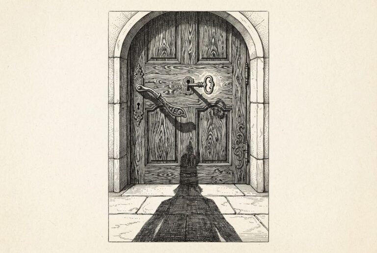 Pen-and-ink engraving of an ornate closed door with a skeleton key turning in its lock, while the shadow of a departing cloaked figure stretches across the threshold from no visible source: the one inside has walked away and closed the conversation behind them.