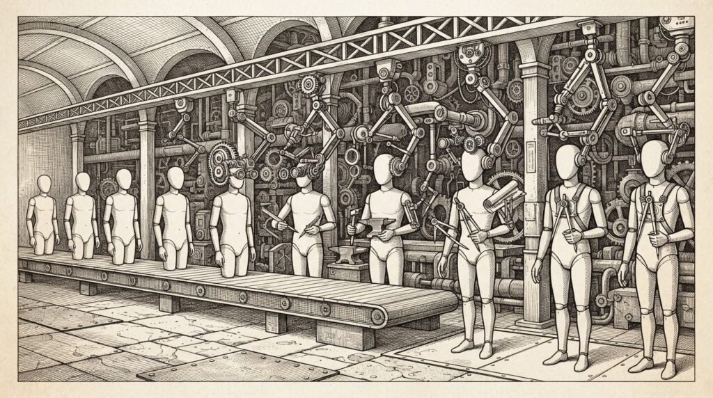 An assembly line of identical blank-faced figures being fitted with different tools and instruments, symbolizing the manufacturing of a deployment workforce through Anthropic's enterprise training program.
