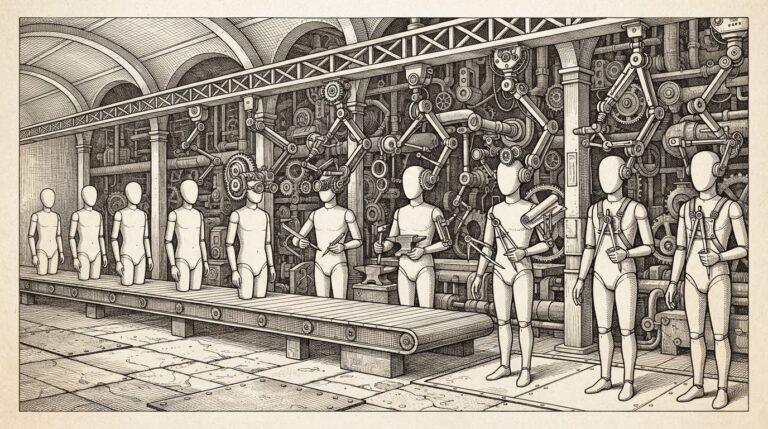 An assembly line of identical blank-faced figures being fitted with different tools and instruments, symbolizing the manufacturing of a deployment workforce through Anthropic's enterprise training program.