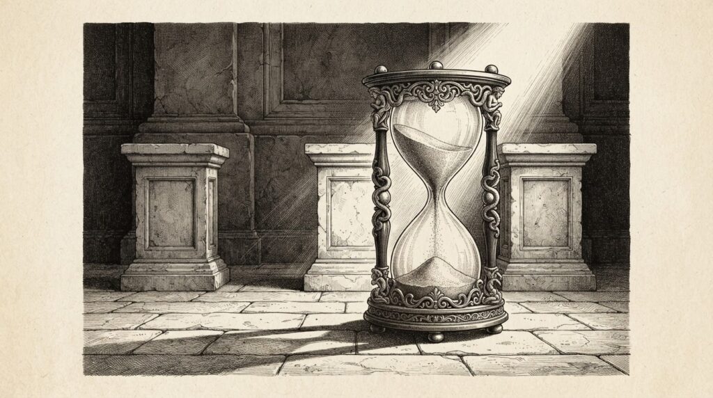 An ornate hourglass with sand flowing rapidly, three identical stone pedestals of equal height behind it - deadline forcing uniform pricing across tiers