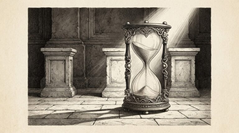 An ornate hourglass with sand flowing rapidly, three identical stone pedestals of equal height behind it - deadline forcing uniform pricing across tiers