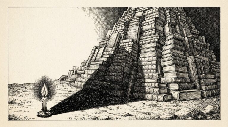 A towering mountain of bound ledgers and account books casts a long shadow over a single small candle rendered entirely in black cross-hatching on the ground below, representing small but real quarterly proof against enormous accumulated commitments.