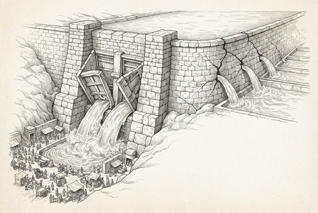 A massive ancient stone dam viewed in cross-section, its floodgates forced wide open with water rushing through channels into a marketplace below, while cracks in the upper reservoir drain water into neighboring reservoirs belonging to competitors