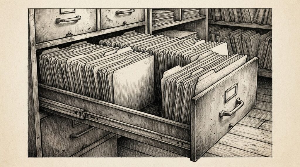 A monochrome pen-and-ink engraving of an empty filing cabinet drawer with a conspicuous gap between thick folders stuffed with documents on either side, symbolizing the missing S-1 prospectus on EDGAR as the October IPO window opens