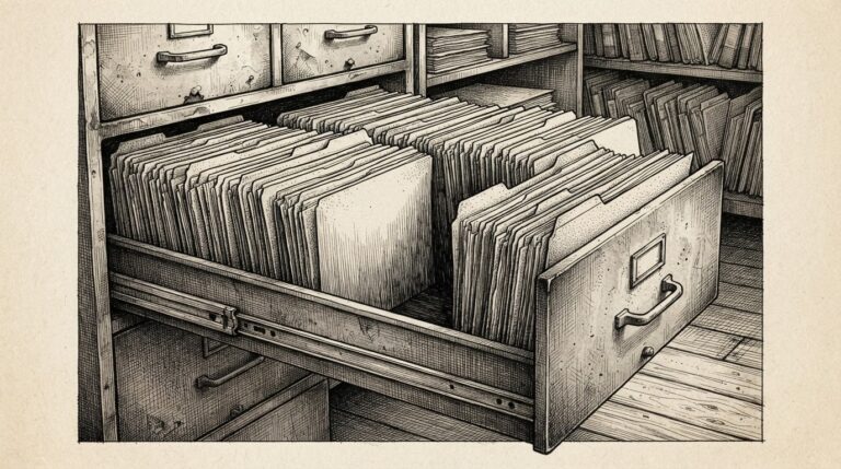 A monochrome pen-and-ink engraving of an empty filing cabinet drawer with a conspicuous gap between thick folders stuffed with documents on either side, symbolizing the missing S-1 prospectus on EDGAR as the October IPO window opens