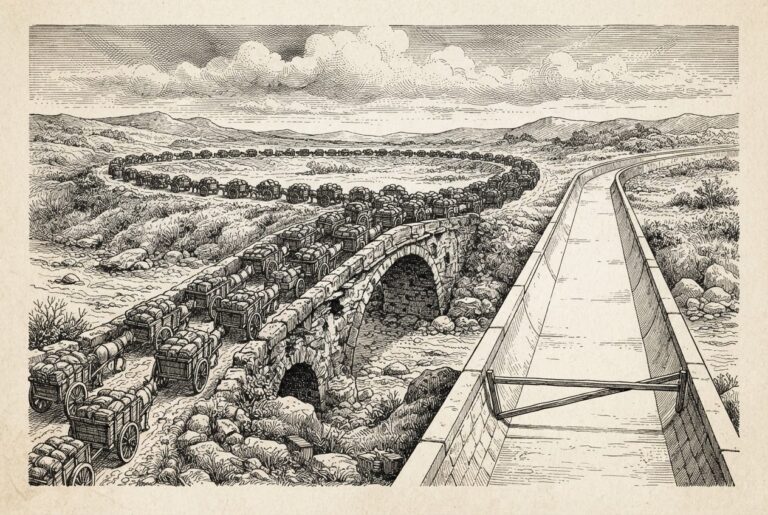A weathered narrow stone bridge jammed solid with a dense procession of identical small carts stretching to the horizon, while beside it a finished, much wider modern channel runs completely empty, its near approach closed by a simple wooden rail with no gate and no crossing: a metaphor for agent-scale relief that was built and closed to everyone who needs it.